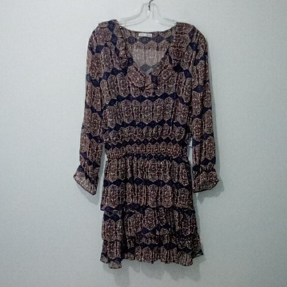 Dex Blue Wine Floral Ruffled Long Sleeve Dress
